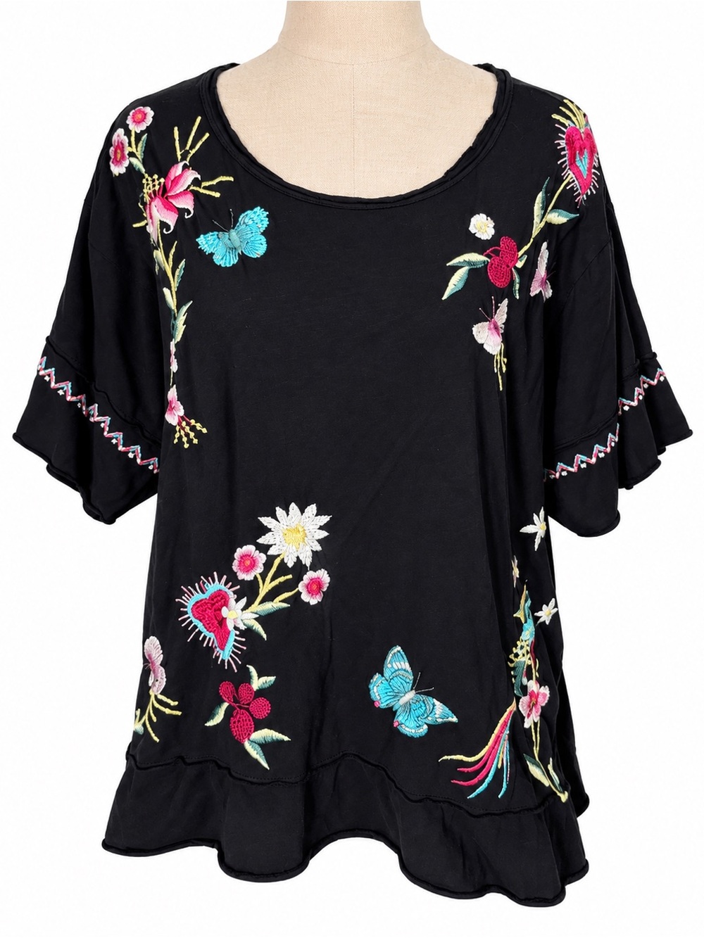 Johnny Was Trapunto Embroidered Top Butterflies Hearts Black Boho Whimsy Medium